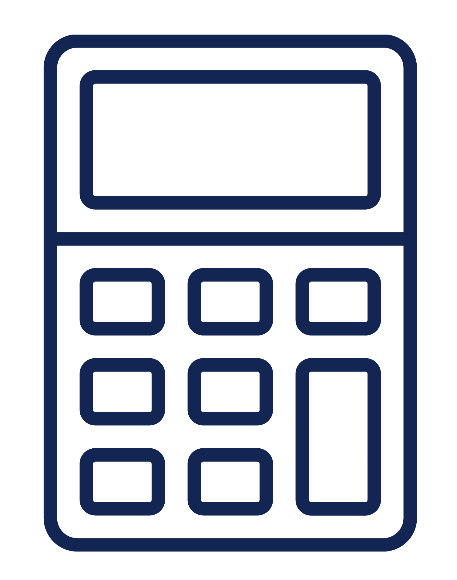 Outline of a calculator with a large display screen at the top and nine buttons below.