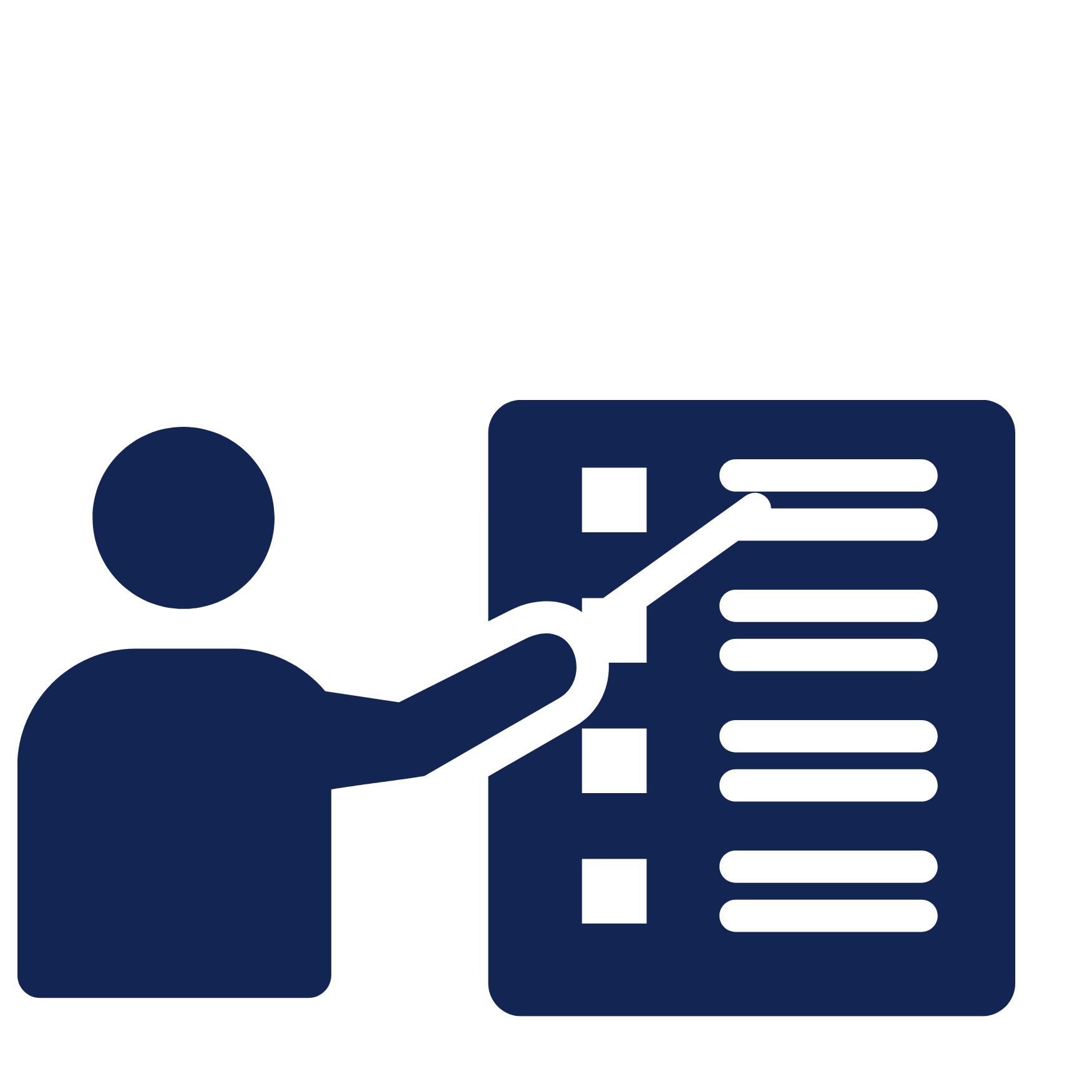 Icon of a person pointing at a presentation board with a line chart and bullet points.
