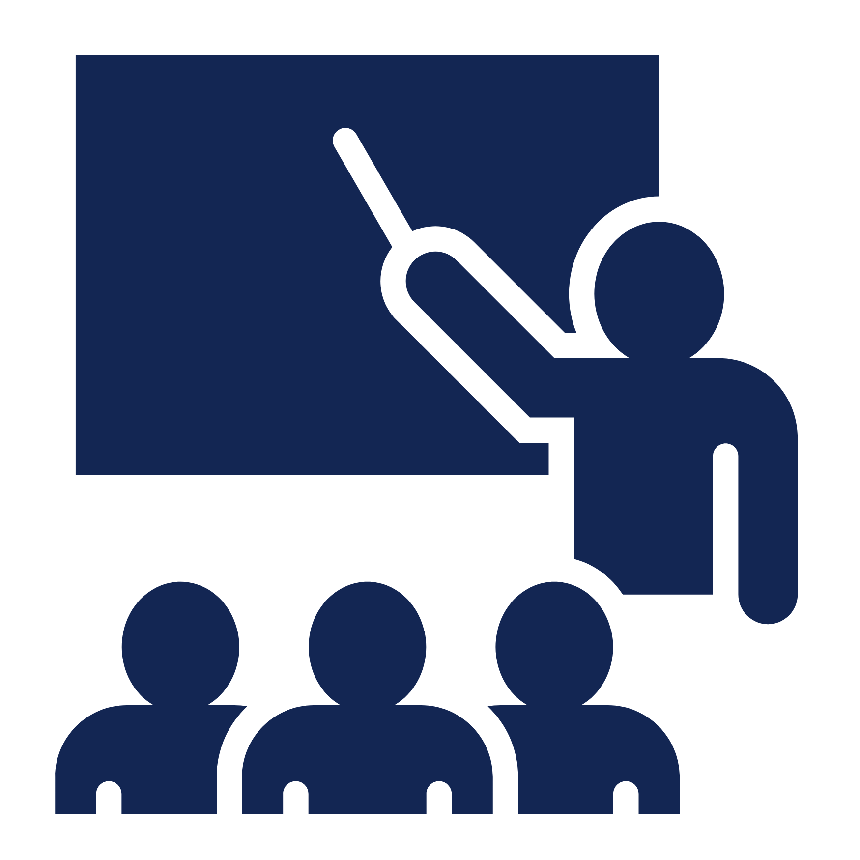 Icon of a person pointing at a presentation board with three seated audience members below.