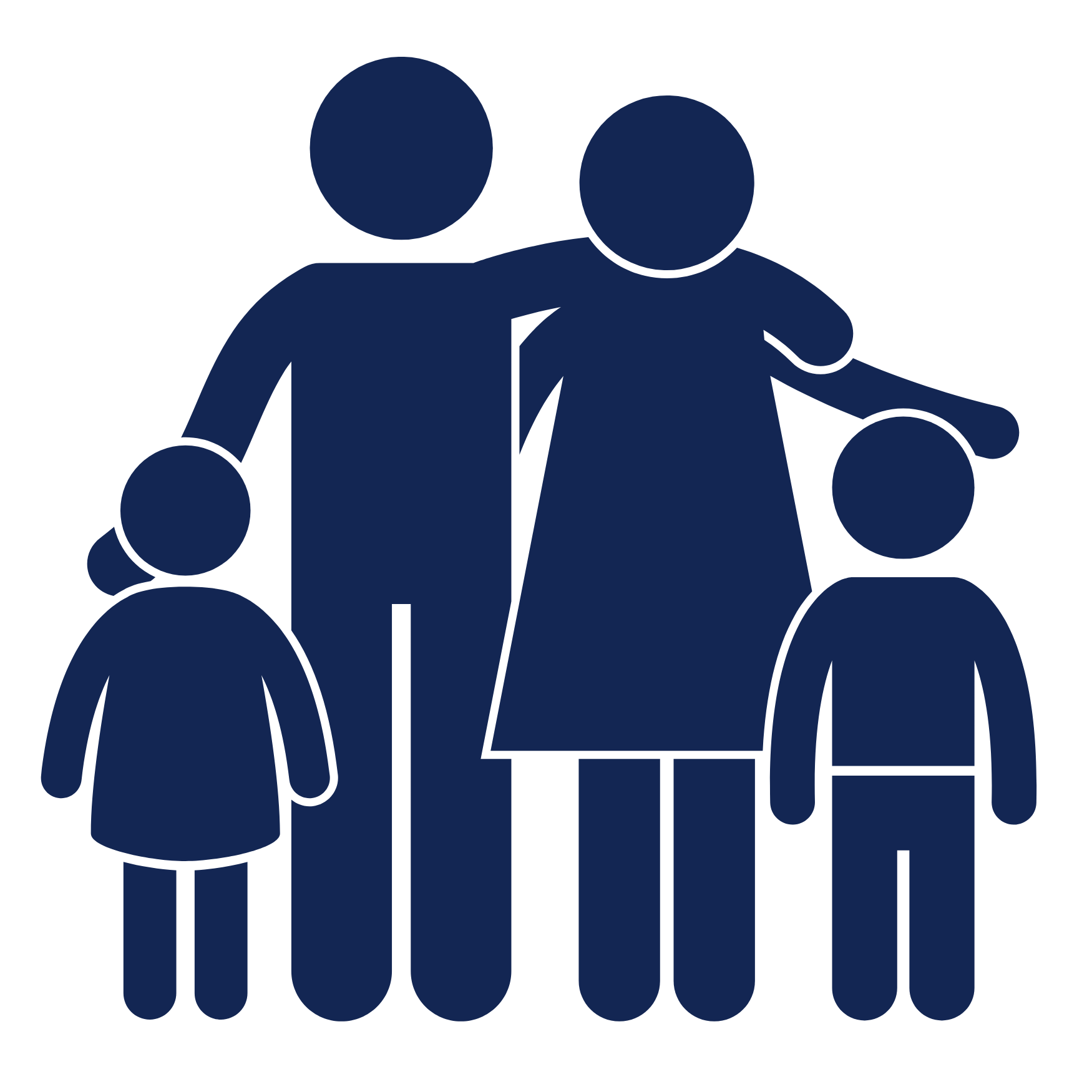 A dark blue icon of a family with four members: two adults and two children, standing close together.